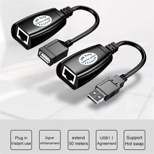 USB to RJ45 Extension Adapter Kit 50M USB 2.0 Over Cat5e/6 Ethernet Cable Extender for Keyboard Mouse Camera