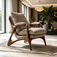 Fauteuil d'appoint en bois massif de style mid-century, fauteuil inclinable en tissu lin pour salon