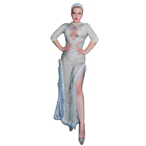 Sexy Pearls Feathers High Slit Dinner Gown Evening Dresses Ladies Dance Performance Costume Women Bodycon Long Club Prom Dress