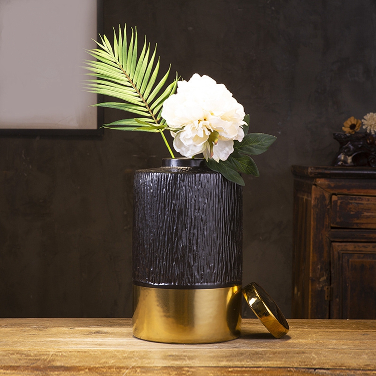 New style living room dry flower decoration gold edged black ceramic vase