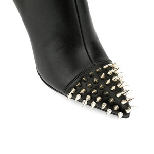 New Pointy Toe Metal Rivets High Thin Heel Long Booties Side Zipper Fashion Buckles Solid Knee High <b>Boots</b> for Women - Product Image 5