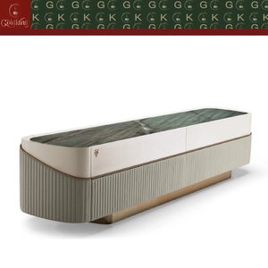 Consola de TV de Mármol Verde Veteado para Sala de Estar Moderna y Lujosa GOLDKING, Tela Fruncida Blanca de Alto Brillo, Personalizada Directamente de Fábrica - Product Image 4
