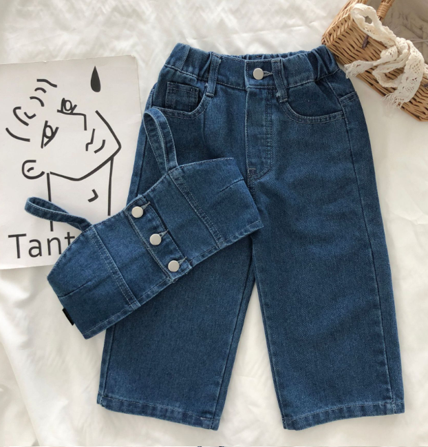 Girls summer baby clothing set 2025 new denim suit navy cardigan vest wide leg pants baby girl two-piece baby suit