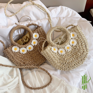 Handmade Straw Tote Bag Woven <b>Half</b> Moon Shoulder Crossbody Bag Floral Decoration for Beach Travel Women - Product Image 1