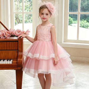 Robe de demoiselle d'honneur rose à col rond et jupe tutu pour filles, idéale pour mariage ou performance au piano - Product Image 1