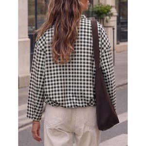 Veste zippée à carreaux sur mesure pour femme, coupe oversize courte, manches longues, décontractée, pour l'automne, avec fermeture à boutons-pression - Product Image 5