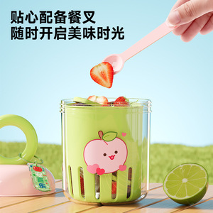 Gobelet à fruits à double paroi portable avec fourchette et drain pour petit-déjeuner en plein air, salade, smoothie, design vert menthe, motif dessin animé - Product Image 3