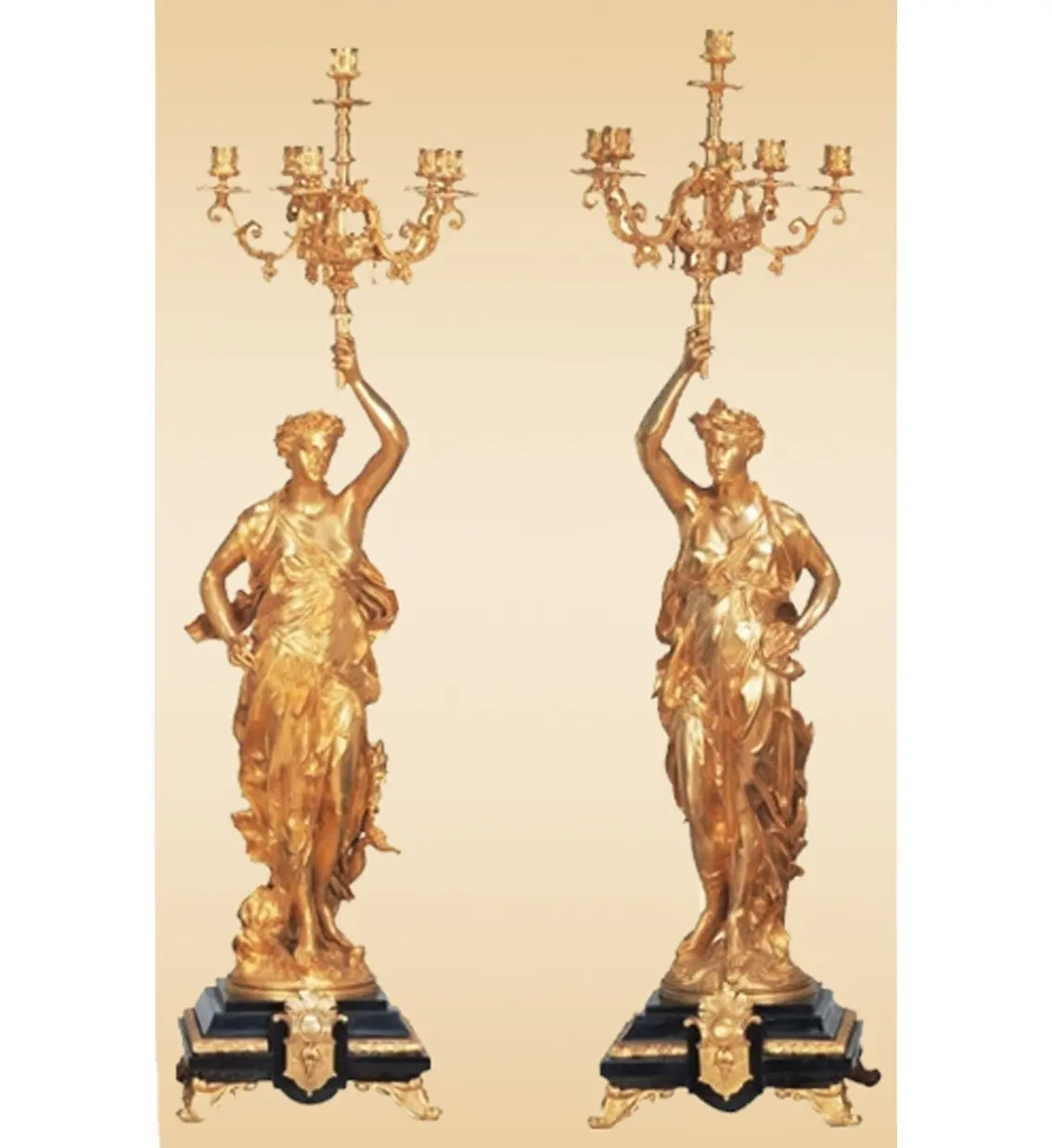 Par antiguo de candelabros de figura de "Guerrero" de latón fundido macizo dorado/candelabros con 6 lámparas para religiosos