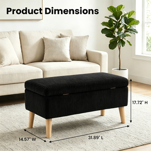 Olive Black Corduroy Storage Ottoman Bench 32 Inch Wide Wooden <b>Legs</b> Flip Top Soft Upholstered End Of Bed - Product Image 6