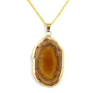 Collier pendentif en plaqué or de forme irrégulière pour femme, pierre géode naturelle, bijoux en agate