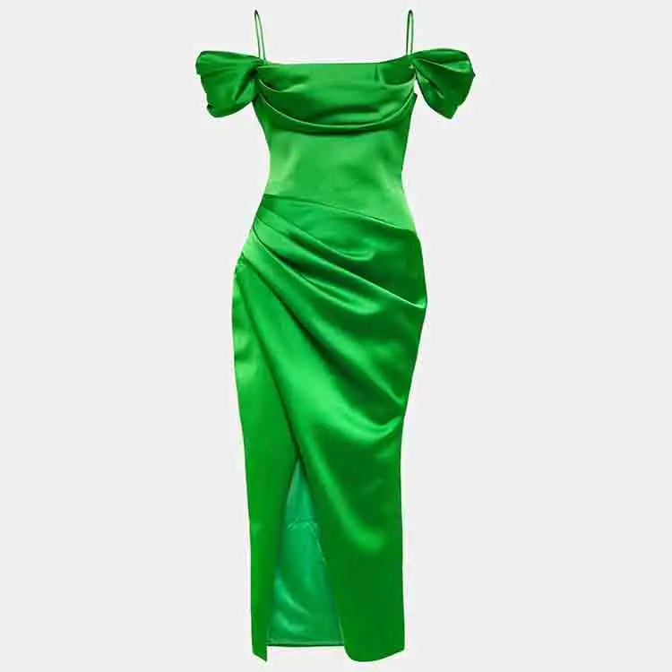 Gaun Satin wanita, gaun malam wanita Satin bahu terbuka, gaun Prom wanita elegan, warna Solid