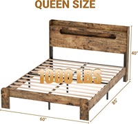 Lit plateforme moderne en bois avec tête de lit, éclairage LED, station de charge et rangement, taille Queen