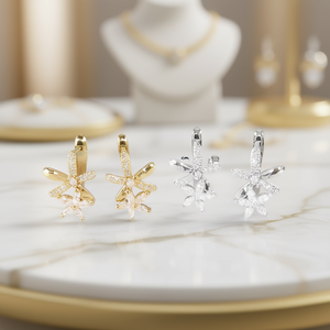 Orecchini a Clip E2052 in Oro Bianco con Fiore, Cristalli e Strass, Montatura a Griffe, Classici da Donna per Uso Quotidiano - Product Image 2