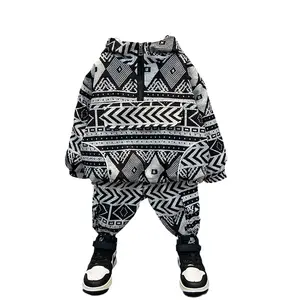 New arrival toddler boys print woven design turn down collar coat and pants 2 pieces casual clothing set for kids