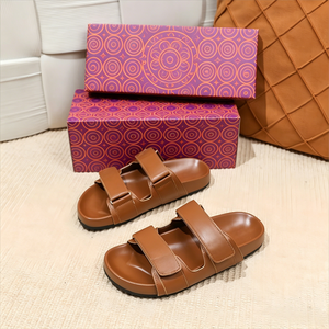 Original Double Strap Luxury PU <b>Flat</b> <b>Sandals</b> With Open Toe EVA Sole Summer Women Slides Anti Slip Design Fashion Slides - Product Image 3