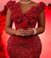 Robes de Soirée Sirène Rouges à Fleurs 3D Classique Africain George Imprimés Multicolores Brodés Luxe Tenue Traditionnelle