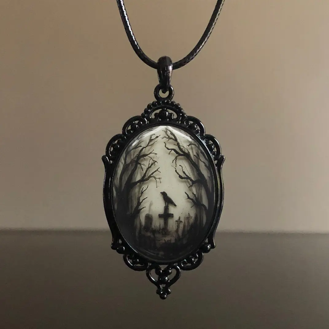 Goth Jewelry Jewellery Accessories Mystic Horror Raven Cabochon Cameo Gothic Charm Black Cross Crow Forest Pendant Necklace
