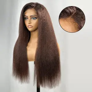 #4 Bruin Gekleurde Kinky Rechte Krullende Randen Kant Front Pruik Yaki Hd Lace Frontale Human Hair Pruiken Voor Vrouwen