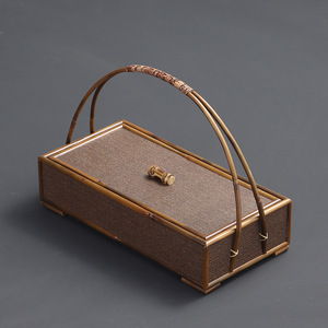 Panier de rangement pour thé en rotin tressé, rectangulaire, marron café, avec poignée, pour accessoires de cérémonie du thé - Product Image 2