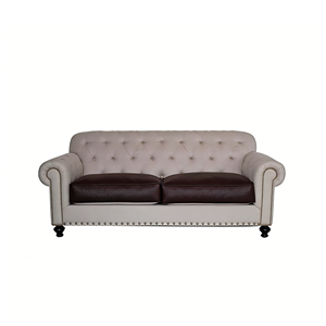 American Retro Tufted <strong>Sofa</strong> - Cream &amp; <strong>Dark</strong> Brown Two-Tone <strong>Leather</strong> Upholstered Rivet Accent 3-Seater Living Room <strong>Sofa</strong> - Product Image 3