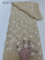 CHOCOO Tissu en dentelle à paillettes brodées en gros, tulle à sequins et perles, tissu en dentelle blanche à fleurs 3D pour robe