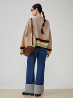 Maßgeschneiderter Damen V-Ausschnitt Knopf-Mohair-Strickcardigan Top 2026 Frühling Locker Sitzender Kontrast-Streifen Pullover Mantel Damen Winterpullover