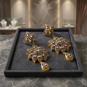 Vintage 22K Gold Plated Flower <b>Chandelier</b> Earrings Crystal Rhinestone Bezel Setting Brand Rajasthan for Women Wedding Jewelry - Product Image 4