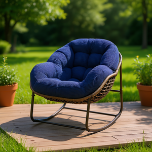 Fauteuil à bascule en rotin bleu marine avec coussin rembourré pour véranda, patio, jardin, usage extérieur - Product Image 2