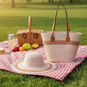 <b>Summer</b> Outdoor Beach Straw <b>Bag</b> Hat Set 2PCS Large Capacity Straw <b>Tote</b> <b>Bag</b> Women Straw Shopping <b>Bags</b> - Product Image 2