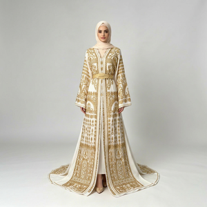 Abaya Larga hasta el Suelo para Mujer, Estilo Modesto, Cuello en V, Manga Larga, Bordado con Patrón Geométrico, Corte Holgado, Estilo Medio Oriente - Product Image 1