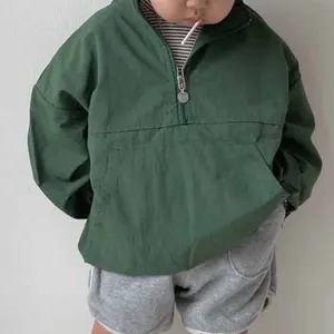 Venta al por mayor chaqueta de la mitad de los niños-KS4230-chaqueta con media cremallera para niños, jersey liso de color verde, cortavientos
