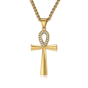 Popular yunnique style ancient Egyptian Ankha diamond-encrusted cross necklace pendant for men, colorfast <b>titanium</b> - Product Image 1