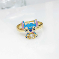RM1706 Chic Vintage Bague ouverte ajustable en émail cloisonné chinois plaqué or 18 carats avec motif de dessin animé Stitch pour femmes