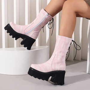Back Lace up Women Half Knee High <b>Boots</b> Animal Prints Leather Thick Bottom Platform Shoes Square Heels Female - Product Image 1