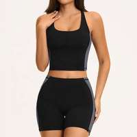 Ensemble de yoga personnalisé avec logo pour femme, avec soutien-gorge rembourré, short de sport color-block, effet push-up, séchage rapide, respirant, tenue de fitness