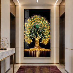 Tableau mural abstrait nordique grand format Feuille d'arbre dorée, Peinture moderne en porcelaine avec LED et cristaux, Meilleure vente, Décoration de salon et de maison - Product Image 6