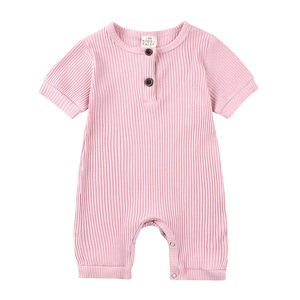 Romper bergaris bayi laki-laki, Jumpsuit dasar rajut leher kru kancing lengan pendek warna solid anak perempuan - Product Image 3
