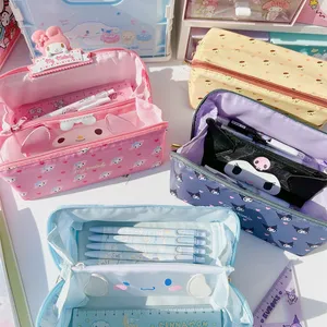 Bolsa de maquiagem para meninas Kuromi HK Cat, porta-lápis infantil com estrias e desenhos animados, grande capacidade de armazenamento, design criativo