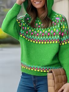 Suéter con Capucha Elegante y Bonito para Mujer, Invierno |   Suaves Mangas Abullonadas Vintage con Bordado Floral en Bloques de Color Degradado - Product Image 3