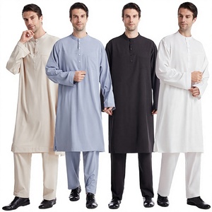 Islamic <b>Men</b> <b>Thobe</b> Set Round Neck Long Sleeve and Pants Solid Muslim Robe Suit Breathable Polyester - Product Image 2
