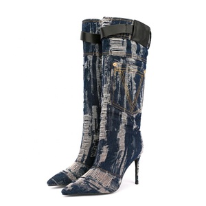 Large Size 47 Denim Women Knee High Boots Thin Heel Embroidered Belt Buckle <b>Long</b> Booties Fashion Women's Shoes - Product Image 5