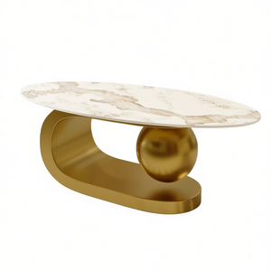 Tavolino da Caffè Ovale Moderno con Base in Acciaio Inox Dorato e Piano in Pietra Sinterizzata 47,2 Pollici per Arredamento Soggiorno - Product Image 1