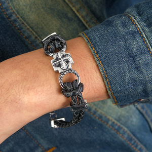 Cross Alloy <b>Leather</b> Woven <b>Bracelet</b> Tibetan Silver Geometric Design Punk Style Fashion Wrap <b>Bracelet</b> - Product Image 3