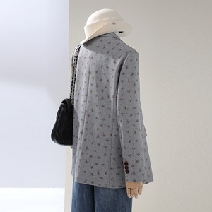 Gray Plaid Graffiti Double Breasted Blazer Women Spring Autumn Folded Cuffs Casual Fashionable Suit Jacket - Product Image 4