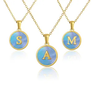 One Piece Custom Name 18K Gold Stainless Steel Letter A-Z Necklace Women's Blue Round Shell Letter Pendant Jewelry