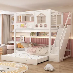 <span class=keywords><strong>Lit</strong></span> superposé moderne JS en bois massif rose pour enfant avec toboggan, escalier, armoire avec rangement et double tiroir pour usage domestique et hôtelier - Product Image 1