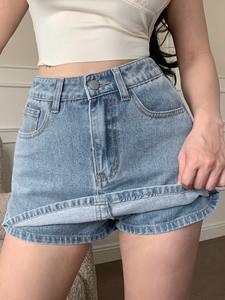 Shorts en jean pour femme, taille haute, coupe droite, en coton délavé, coupe classique, style polyvalent et tendance pour le printemps et l'été - Product Image 3