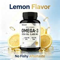 Gélules d'huile de poisson oméga 3 triple concentration Metrand, EPA DHA, favorisent la santé cardiaque, cérébrale et oculaire, saveur citron, 120 gélules