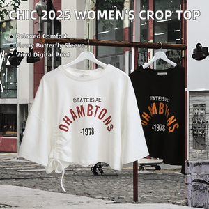 Camiseta Corta de Verano 2025 para Mujer, Anti-Pilling, Manga Corta con Volantes, Poliéster/Algodón, Informal, de Punto, con Cordón Ajustable - Product Image 2