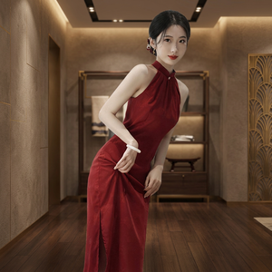 Elegant Red Silk Cheongsam <b>Dress</b> Women Sleeveless Maxi Length Traditional <b>Chinese</b> Party Wear Slim Fit Button Closure - Product Image 4